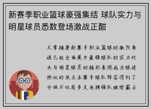 新赛季职业篮球豪强集结 球队实力与明星球员悉数登场激战正酣