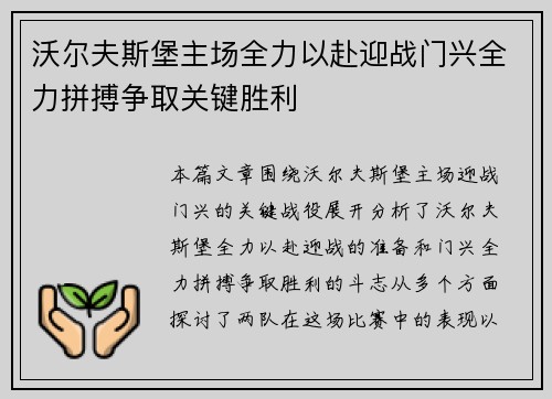 沃尔夫斯堡主场全力以赴迎战门兴全力拼搏争取关键胜利